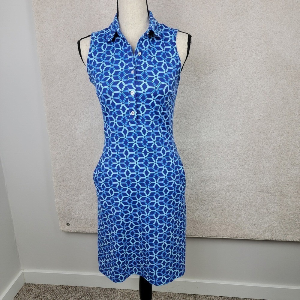 J.McLaughlin Polo Dress XS Blue Geometric Catalina Cloth Sleeveless Pockets - Picture 2 of 9